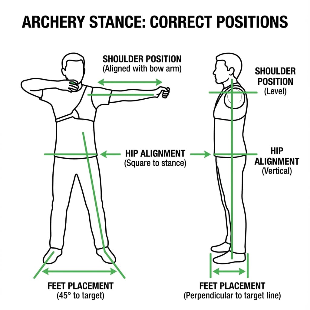 Diagram showing correct archery stance from front and side view